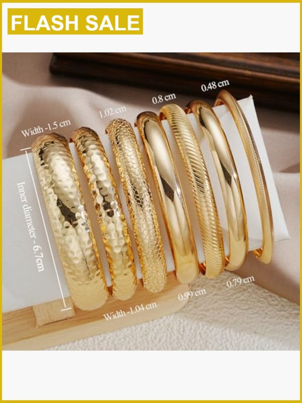 7-Piece Stackable Bangle Bracelet Set, 14K Gold Plated, Boho Style - Picture 5 of 7